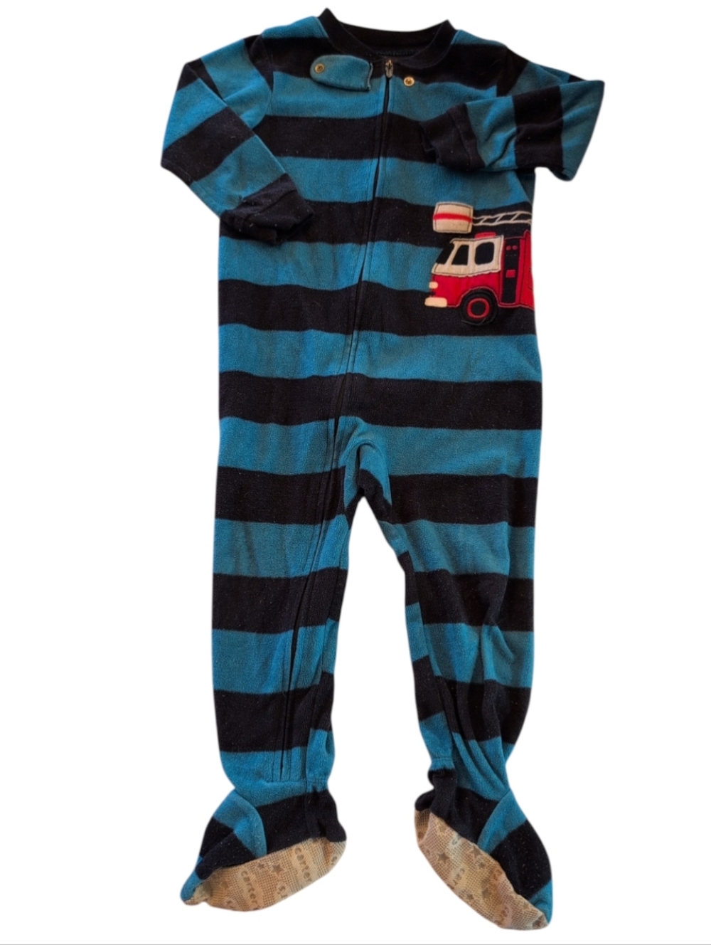 🍁2/$7🍁 CARTER'S Navy And Blue Striped Firetruck Fleece Zippered Pajama Onesie
